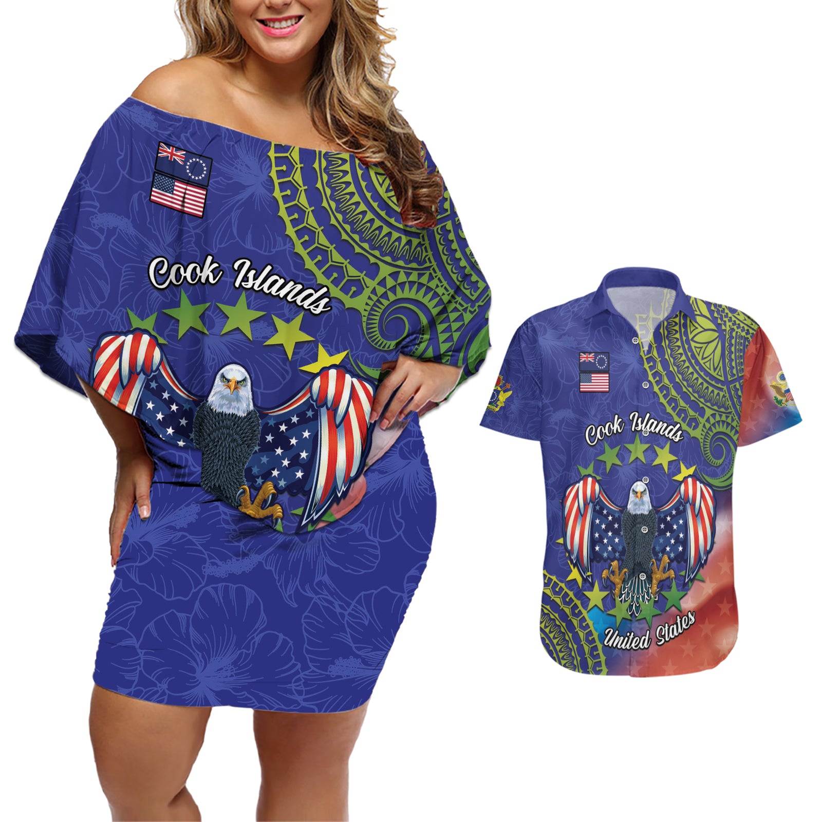 Personalised United States And Cook Islands Couples Matching Off Shoulder Short Dress and Hawaiian Shirt USA Eagle Mix Polynesian Pattern