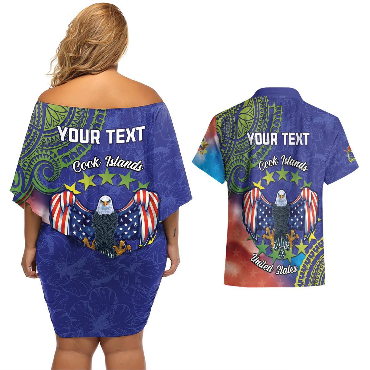 Personalised United States And Cook Islands Couples Matching Off Shoulder Short Dress and Hawaiian Shirt USA Eagle Mix Polynesian Pattern