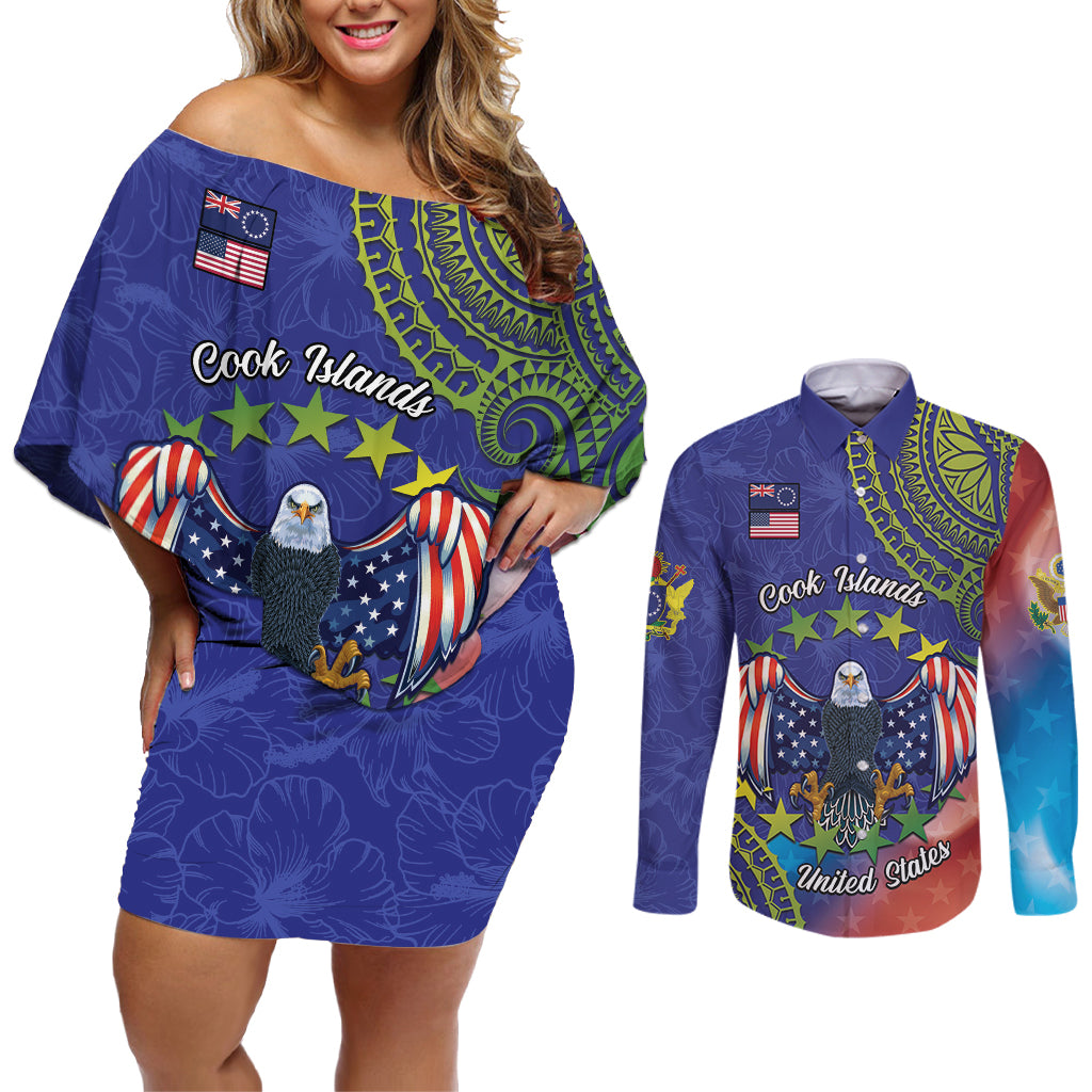 Personalised United States And Cook Islands Couples Matching Off Shoulder Short Dress and Long Sleeve Button Shirt USA Eagle Mix Polynesian Pattern