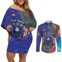 Personalised United States And Cook Islands Couples Matching Off Shoulder Short Dress and Long Sleeve Button Shirt USA Eagle Mix Polynesian Pattern