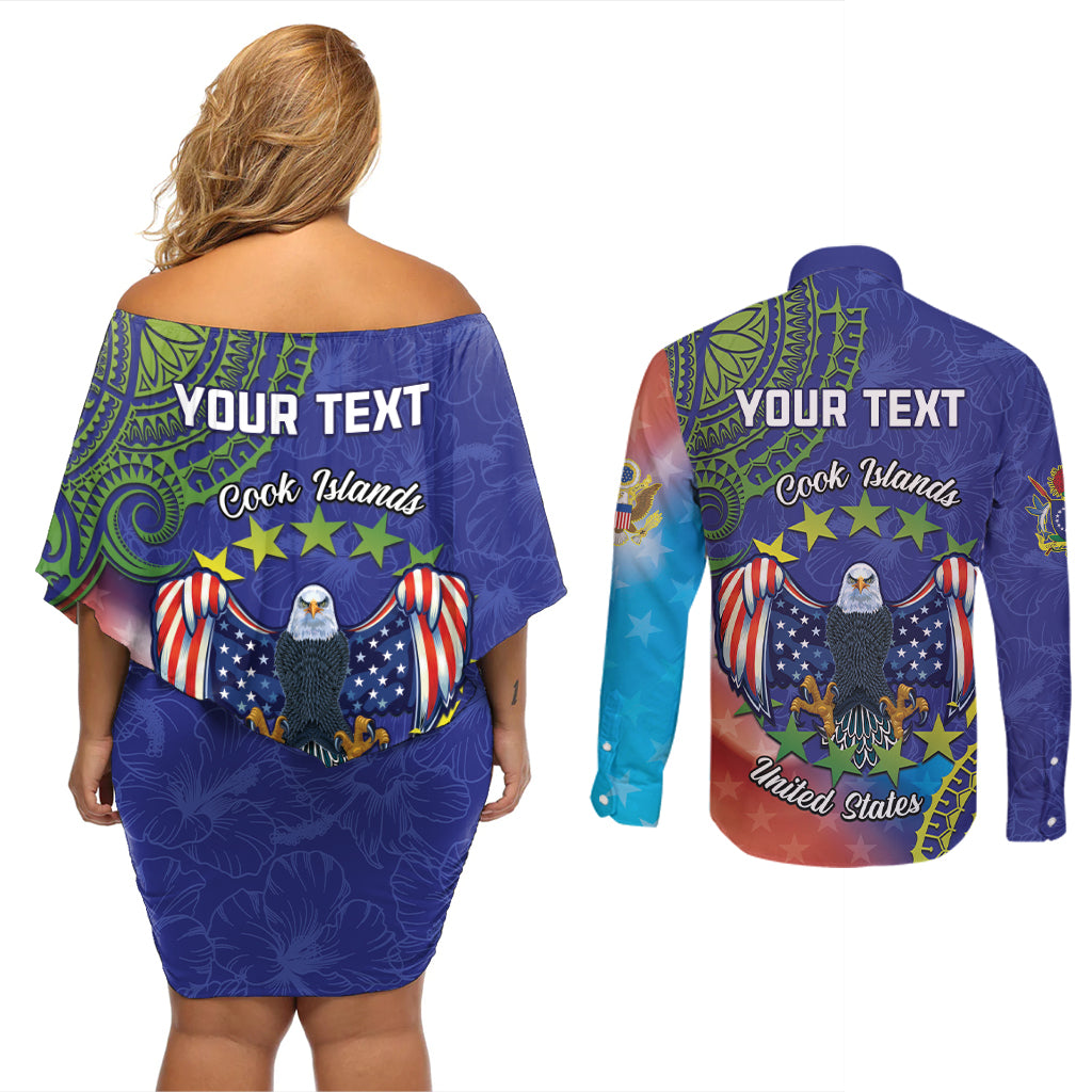 Personalised United States And Cook Islands Couples Matching Off Shoulder Short Dress and Long Sleeve Button Shirt USA Eagle Mix Polynesian Pattern