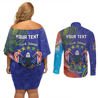Personalised United States And Cook Islands Couples Matching Off Shoulder Short Dress and Long Sleeve Button Shirt USA Eagle Mix Polynesian Pattern