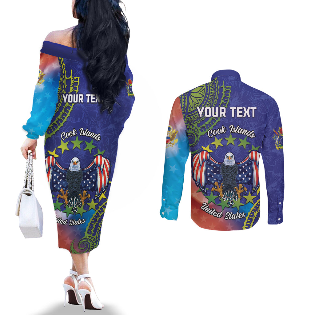 Personalised United States And Cook Islands Couples Matching Off The Shoulder Long Sleeve Dress and Long Sleeve Button Shirt USA Eagle Mix Polynesian Pattern
