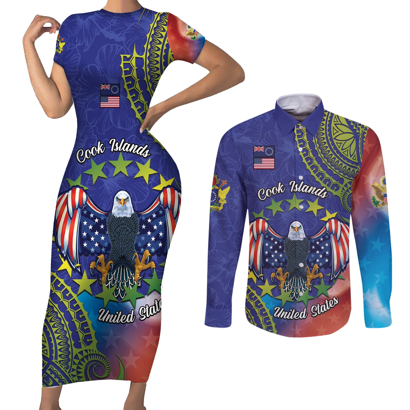 Personalised United States And Cook Islands Couples Matching Short Sleeve Bodycon Dress and Long Sleeve Button Shirt USA Eagle Mix Polynesian Pattern