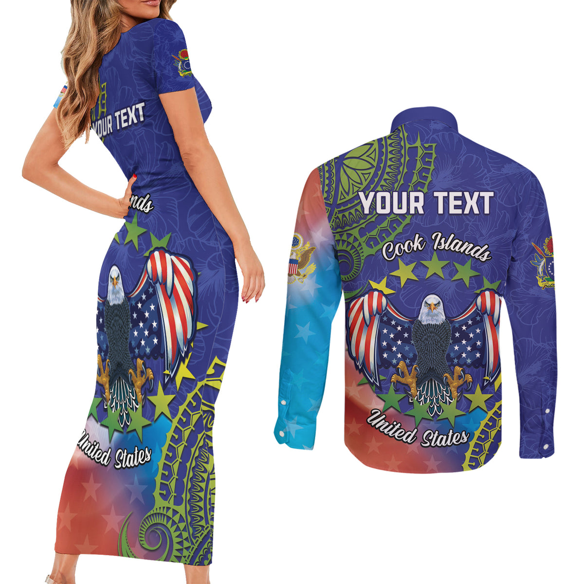 Personalised United States And Cook Islands Couples Matching Short Sleeve Bodycon Dress and Long Sleeve Button Shirt USA Eagle Mix Polynesian Pattern