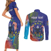 Personalised United States And Cook Islands Couples Matching Short Sleeve Bodycon Dress and Long Sleeve Button Shirt USA Eagle Mix Polynesian Pattern