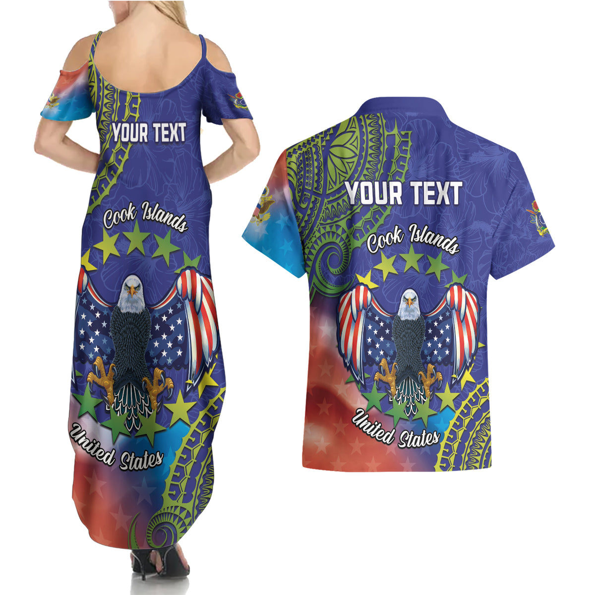 Personalised United States And Cook Islands Couples Matching Summer Maxi Dress and Hawaiian Shirt USA Eagle Mix Polynesian Pattern