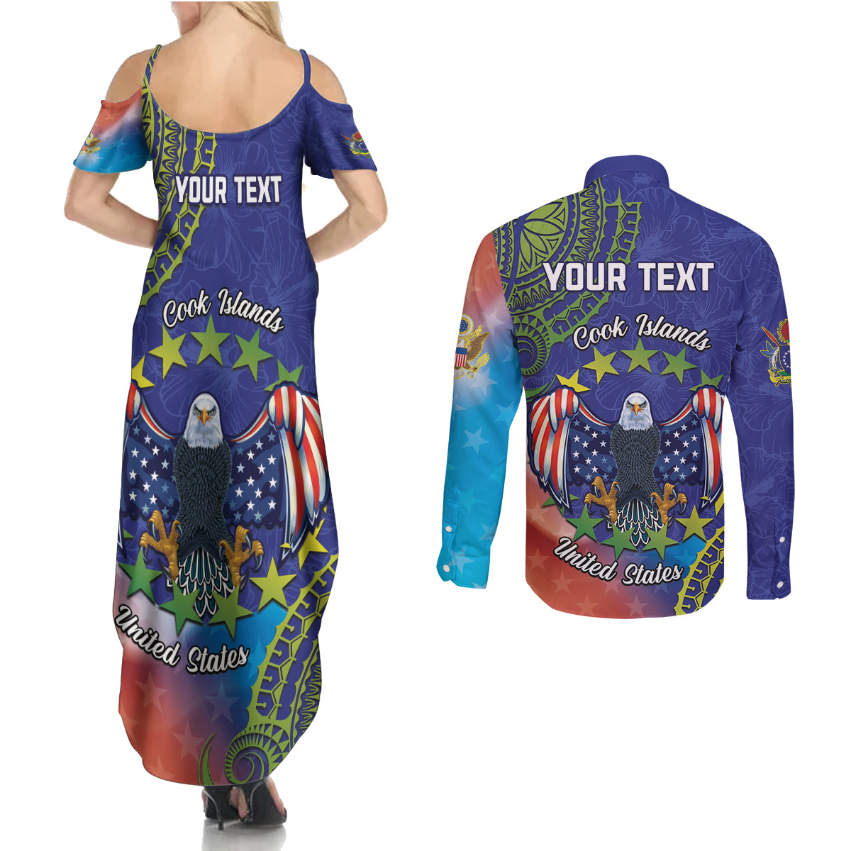 Personalised United States And Cook Islands Couples Matching Summer Maxi Dress and Long Sleeve Button Shirt USA Eagle Mix Polynesian Pattern