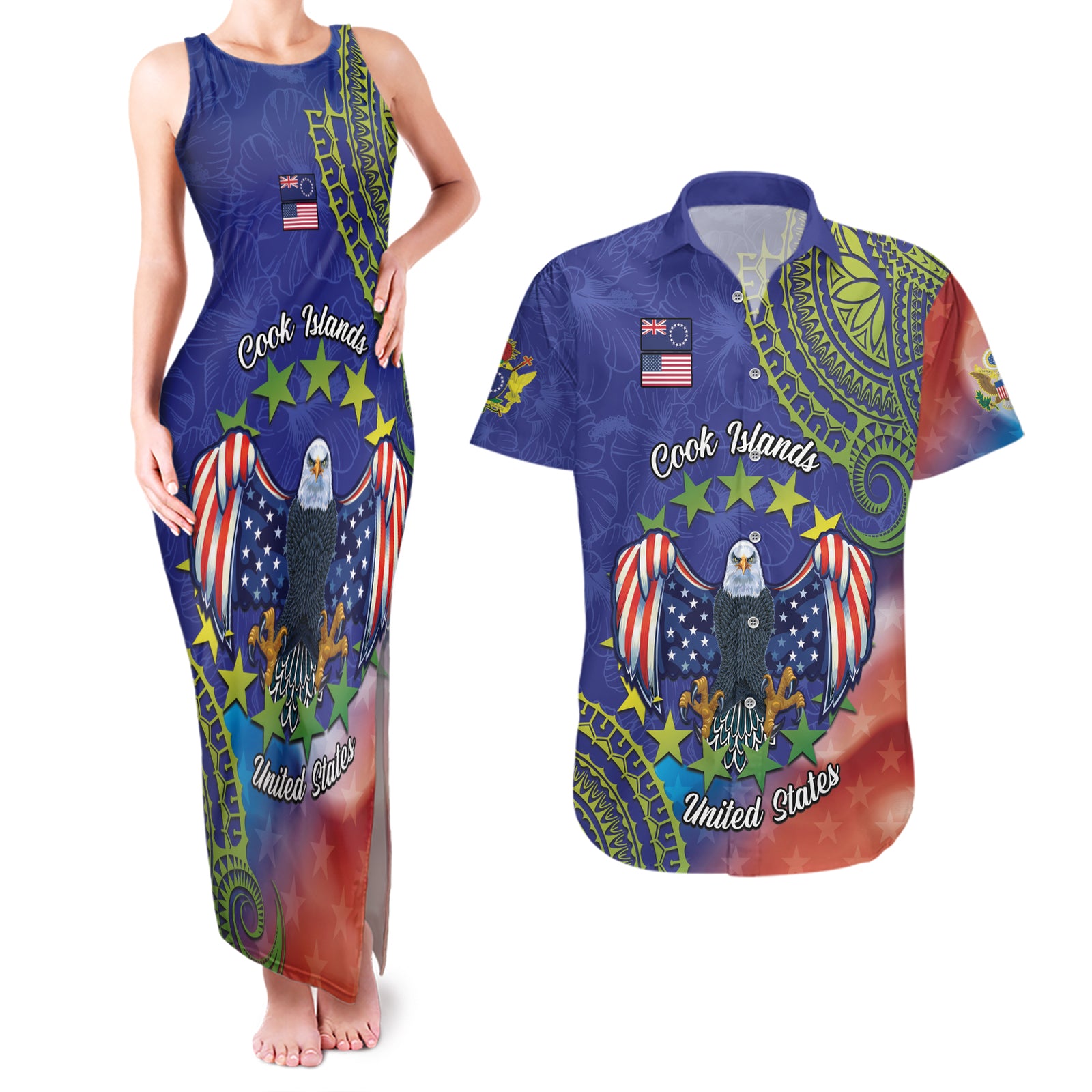 Personalised United States And Cook Islands Couples Matching Tank Maxi Dress and Hawaiian Shirt USA Eagle Mix Polynesian Pattern