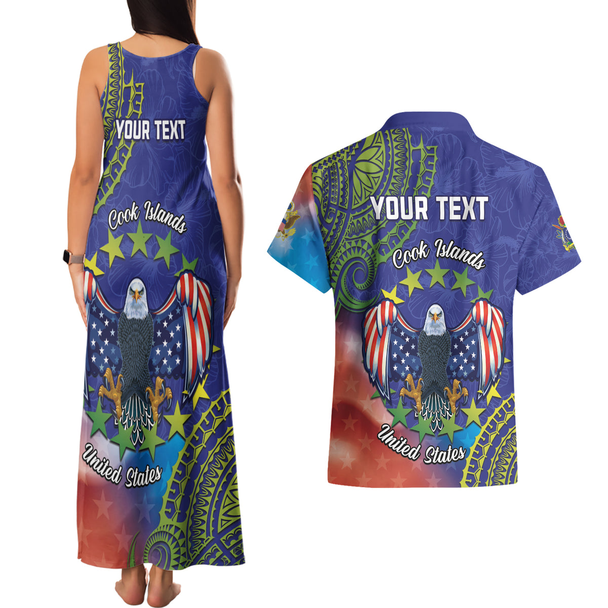 Personalised United States And Cook Islands Couples Matching Tank Maxi Dress and Hawaiian Shirt USA Eagle Mix Polynesian Pattern