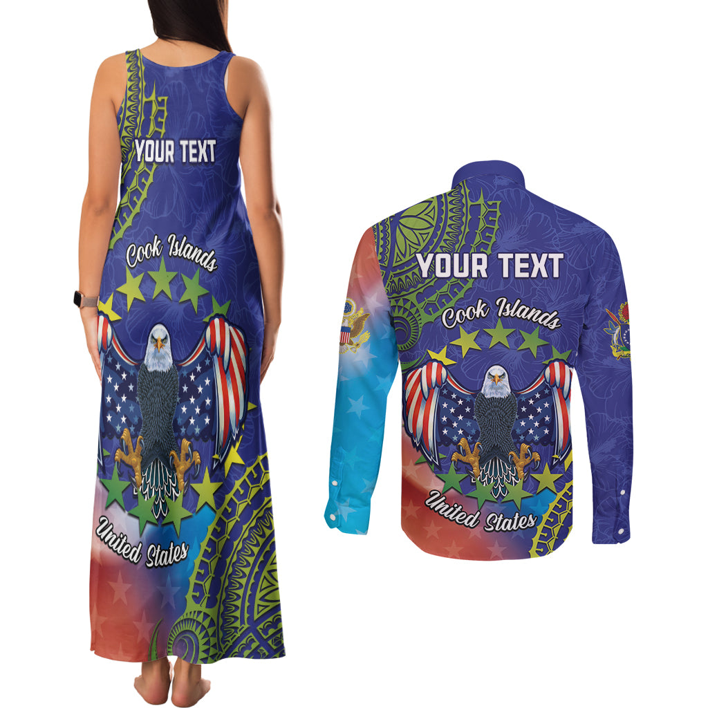 Personalised United States And Cook Islands Couples Matching Tank Maxi Dress and Long Sleeve Button Shirt USA Eagle Mix Polynesian Pattern