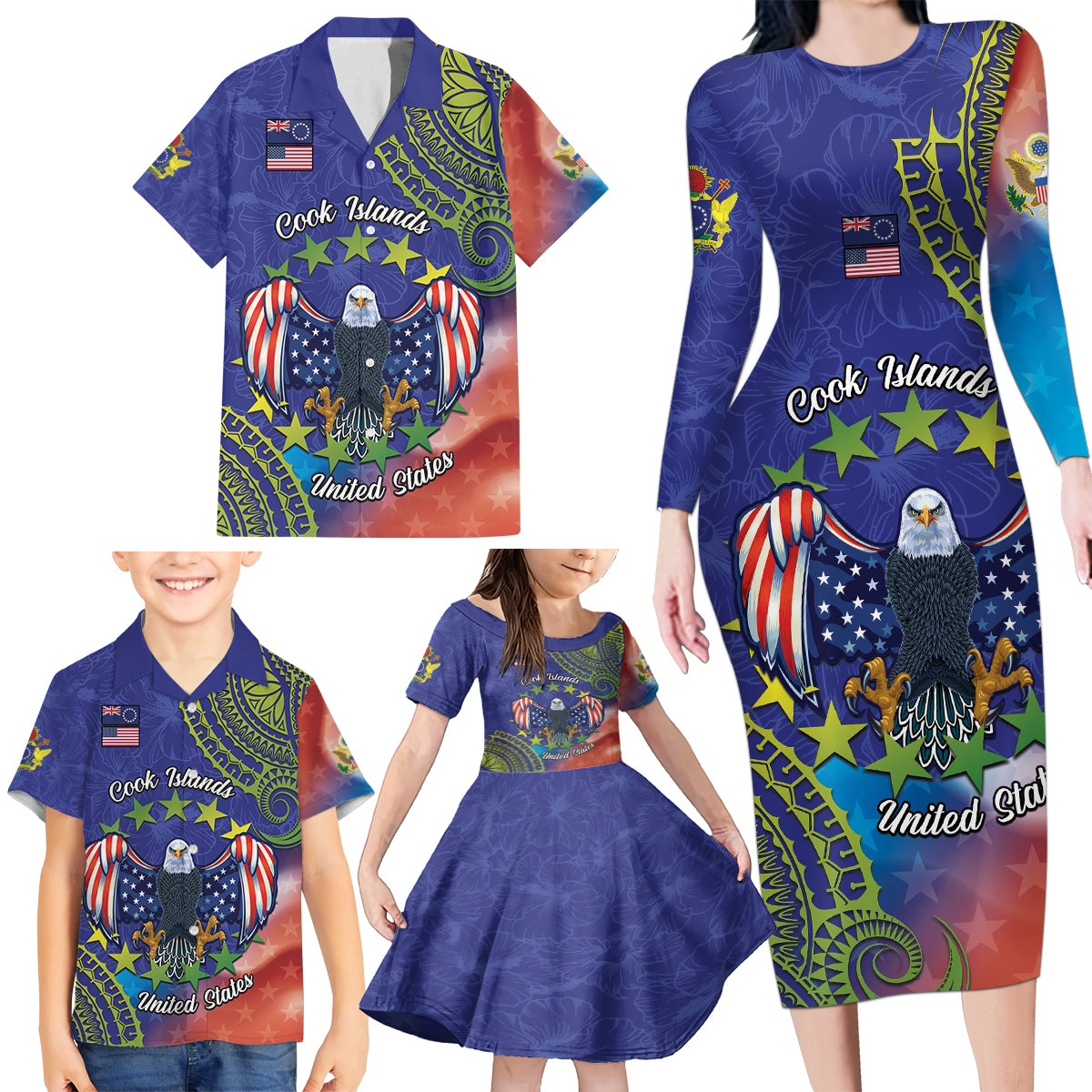 Personalised United States And Cook Islands Family Matching Long Sleeve Bodycon Dress and Hawaiian Shirt USA Eagle Mix Polynesian Pattern