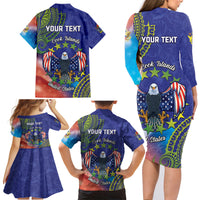 Personalised United States And Cook Islands Family Matching Long Sleeve Bodycon Dress and Hawaiian Shirt USA Eagle Mix Polynesian Pattern