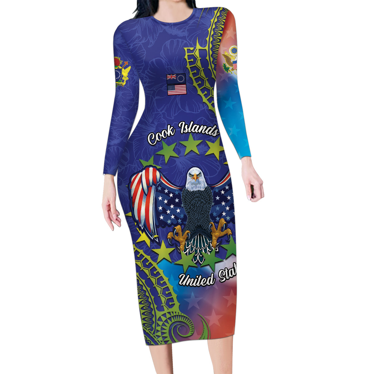 Personalised United States And Cook Islands Family Matching Long Sleeve Bodycon Dress and Hawaiian Shirt USA Eagle Mix Polynesian Pattern