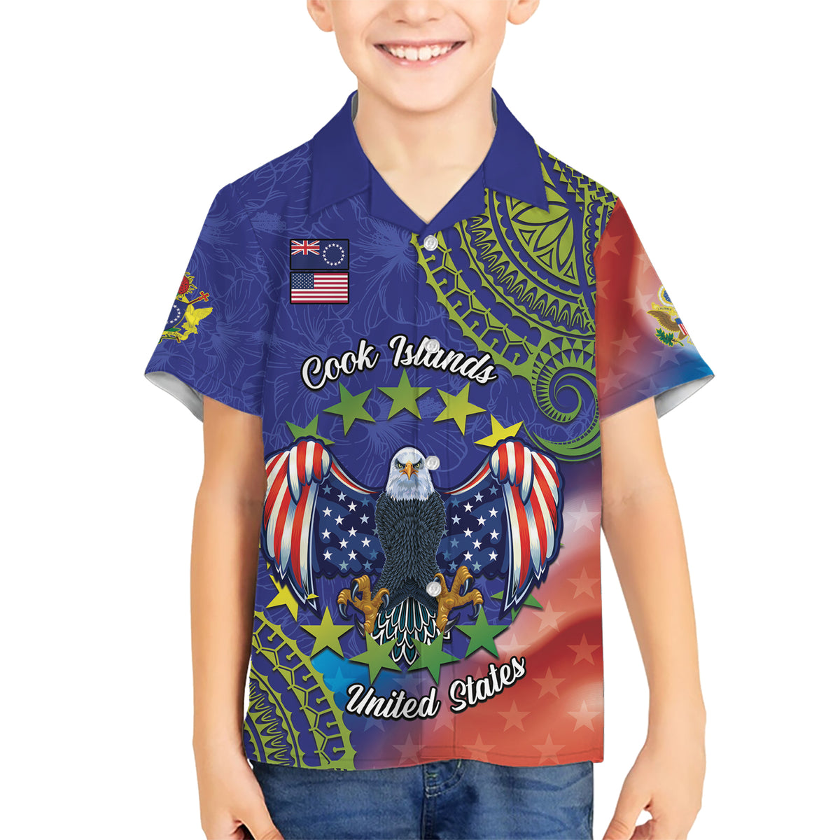 Personalised United States And Cook Islands Hawaiian Shirt USA Eagle Mix Polynesian Pattern