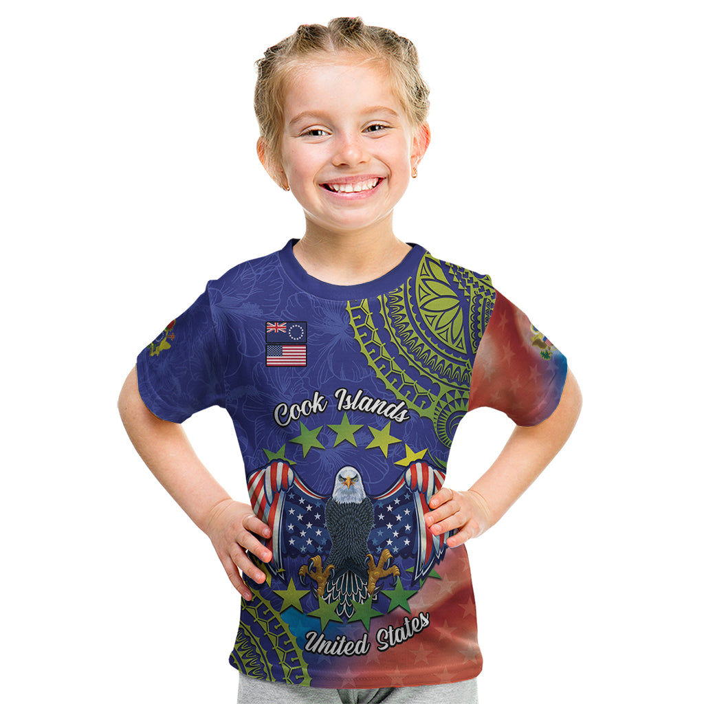 Personalised United States And Cook Islands Kid T Shirt USA Eagle Mix Polynesian Pattern