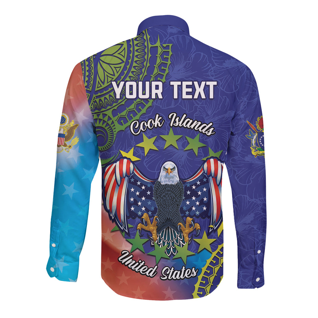 Personalised United States And Cook Islands Long Sleeve Button Shirt USA Eagle Mix Polynesian Pattern