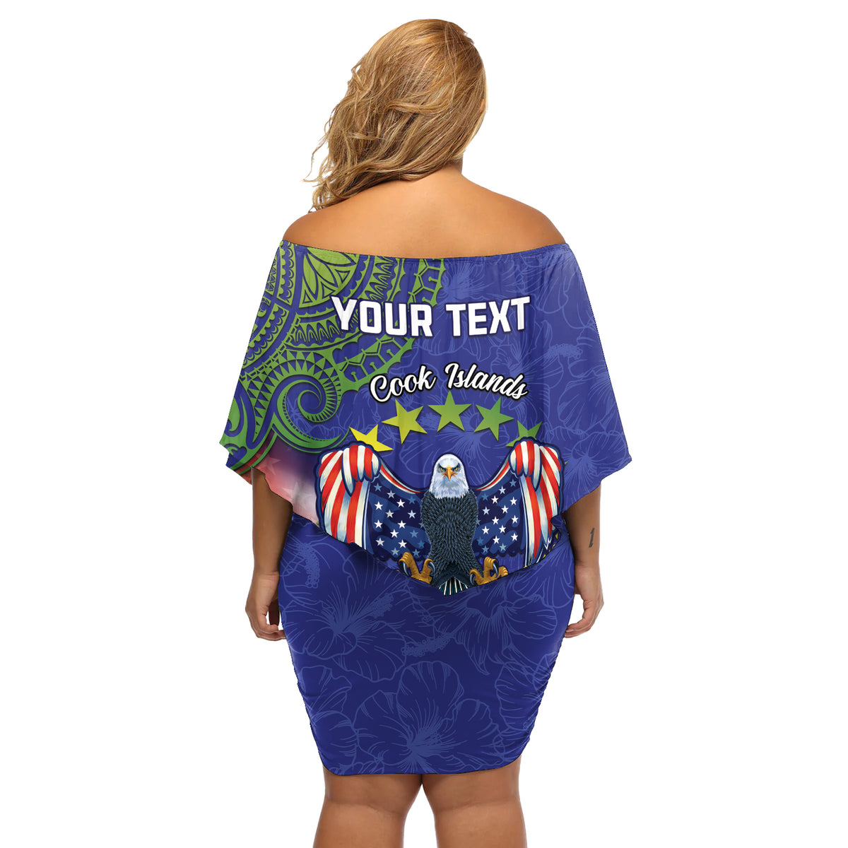 Personalised United States And Cook Islands Off Shoulder Short Dress USA Eagle Mix Polynesian Pattern