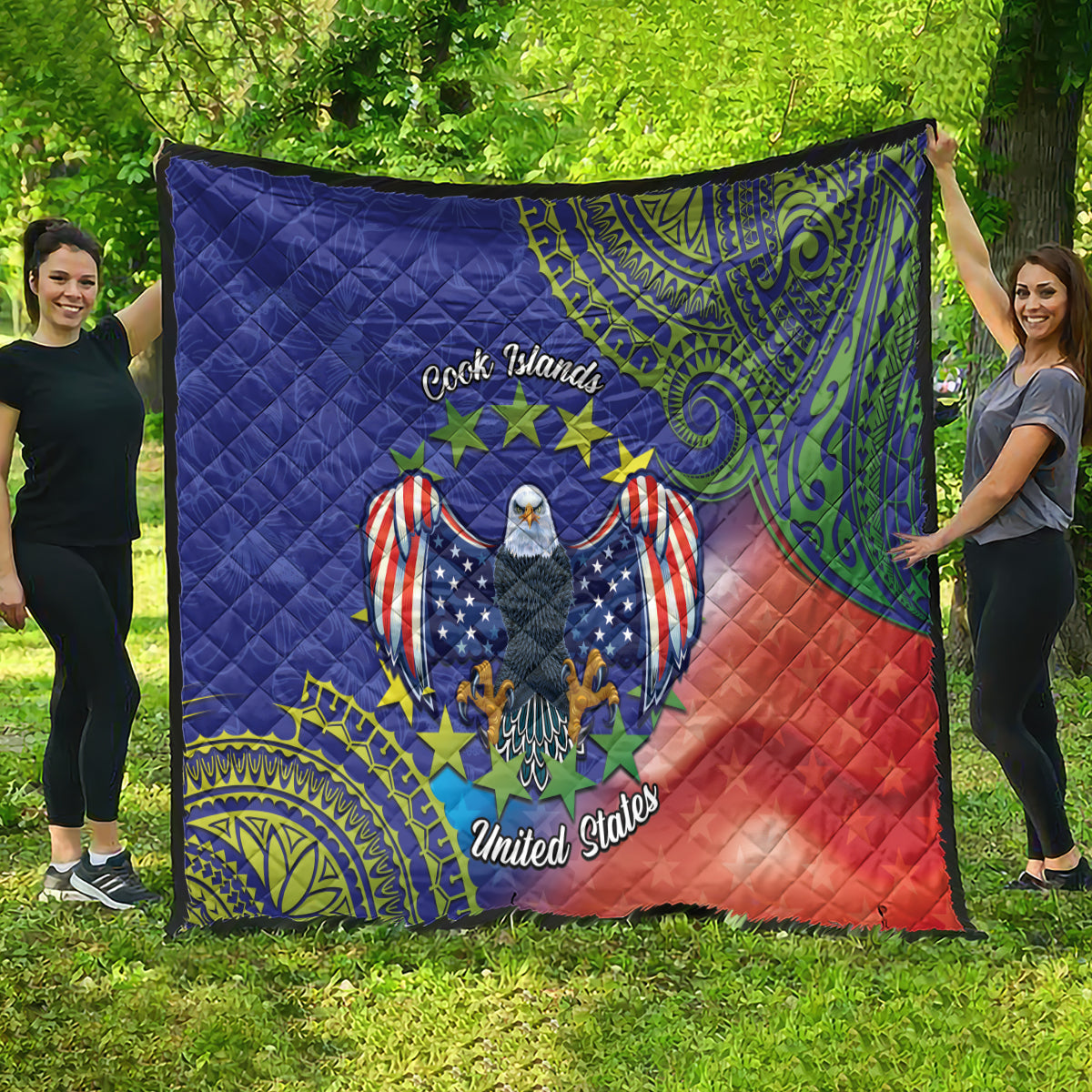 Personalised United States And Cook Islands Quilt USA Eagle Mix Polynesian Pattern