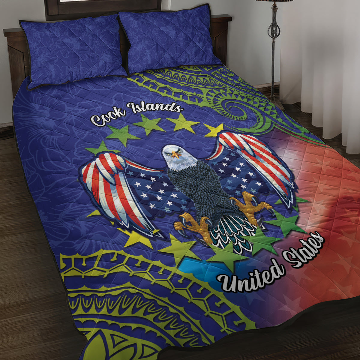 Personalised United States And Cook Islands Quilt Bed Set USA Eagle Mix Polynesian Pattern