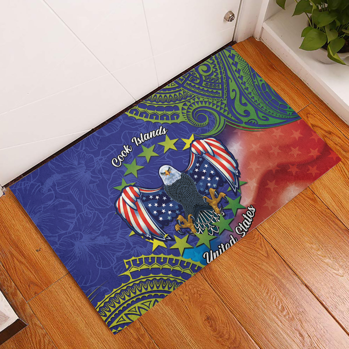 Personalised United States And Cook Islands Rubber Doormat USA Eagle Mix Polynesian Pattern