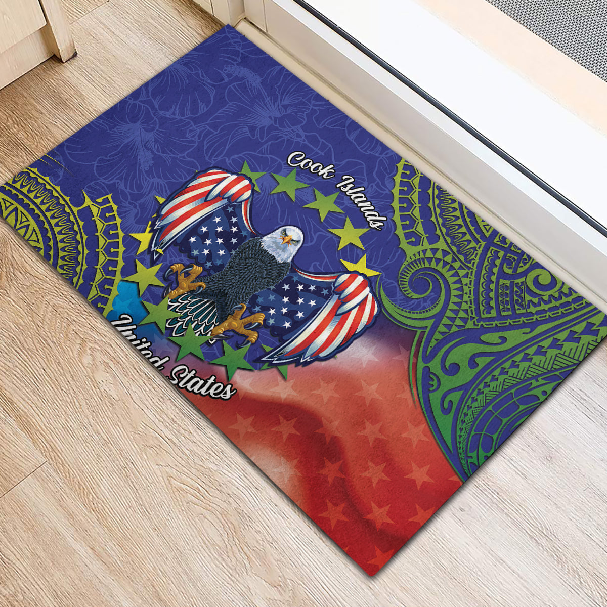 Personalised United States And Cook Islands Rubber Doormat USA Eagle Mix Polynesian Pattern