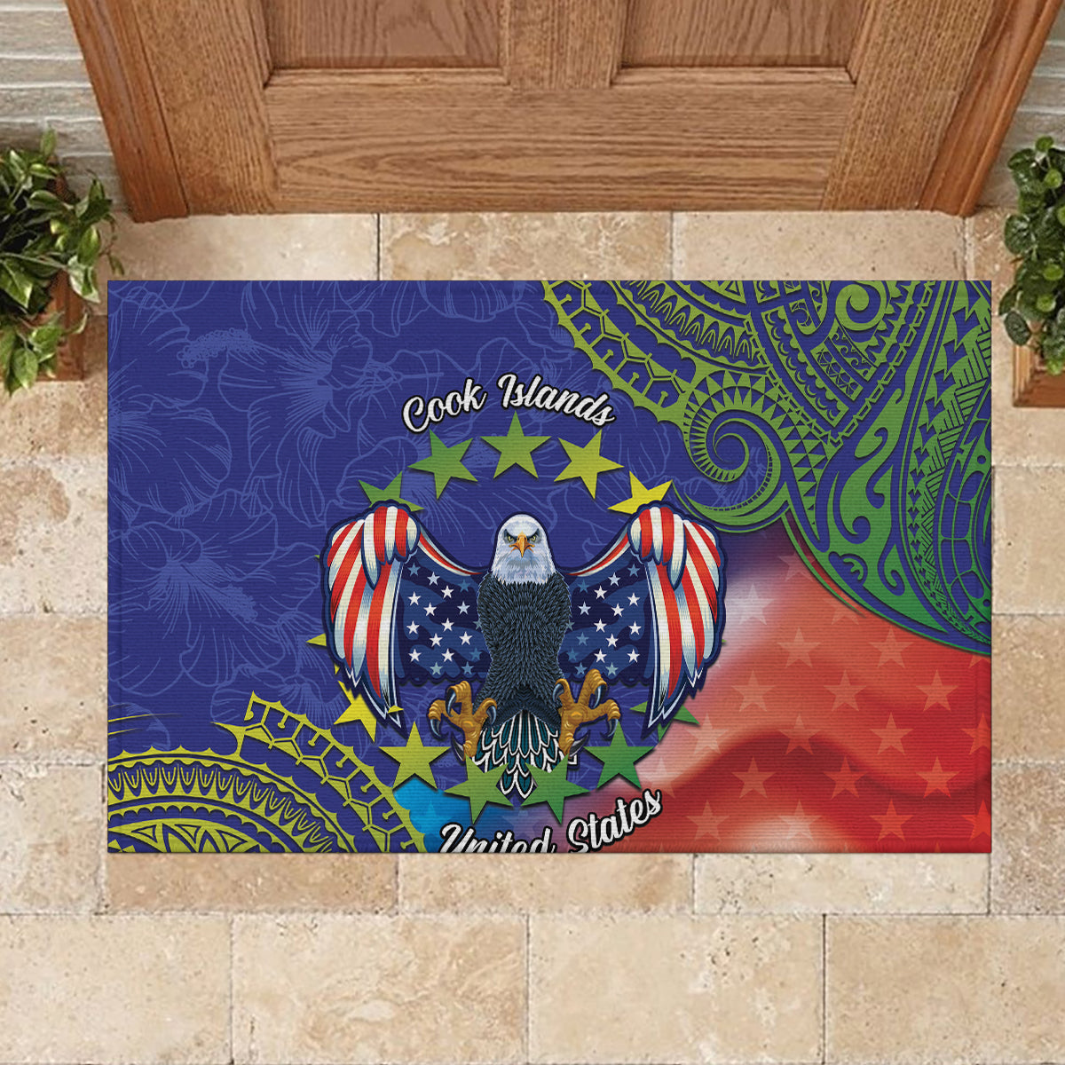 Personalised United States And Cook Islands Rubber Doormat USA Eagle Mix Polynesian Pattern