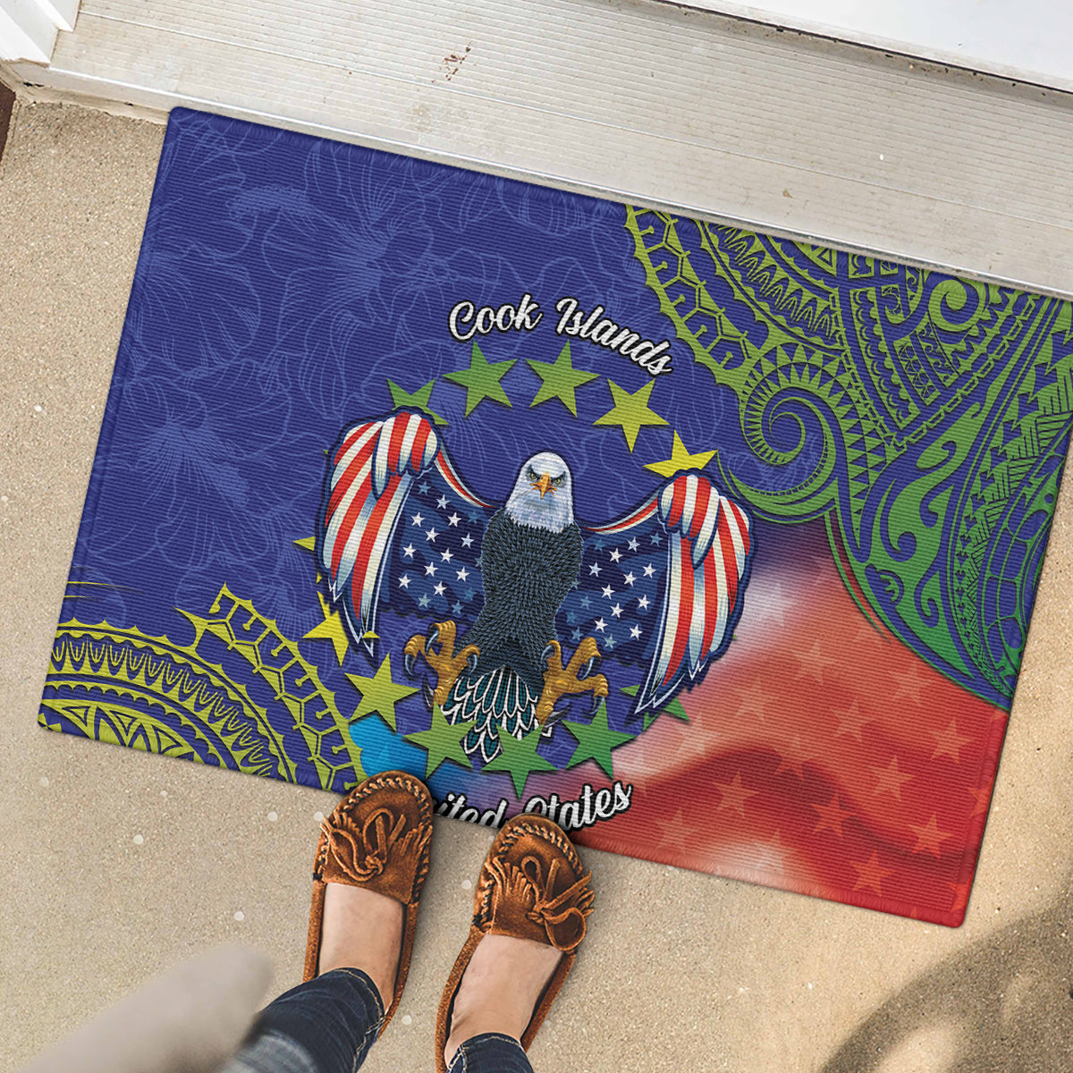 Personalised United States And Cook Islands Rubber Doormat USA Eagle Mix Polynesian Pattern