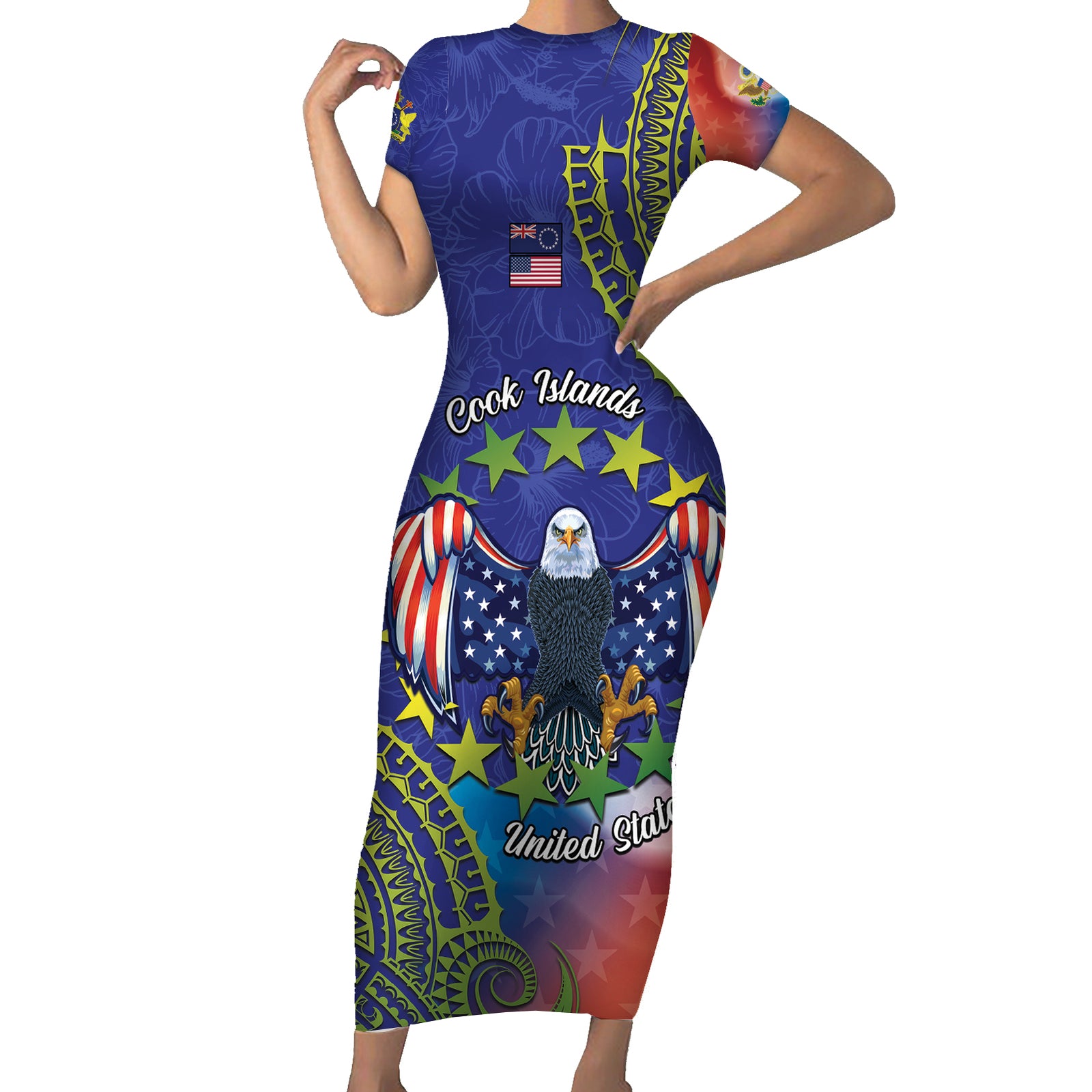 Personalised United States And Cook Islands Short Sleeve Bodycon Dress USA Eagle Mix Polynesian Pattern