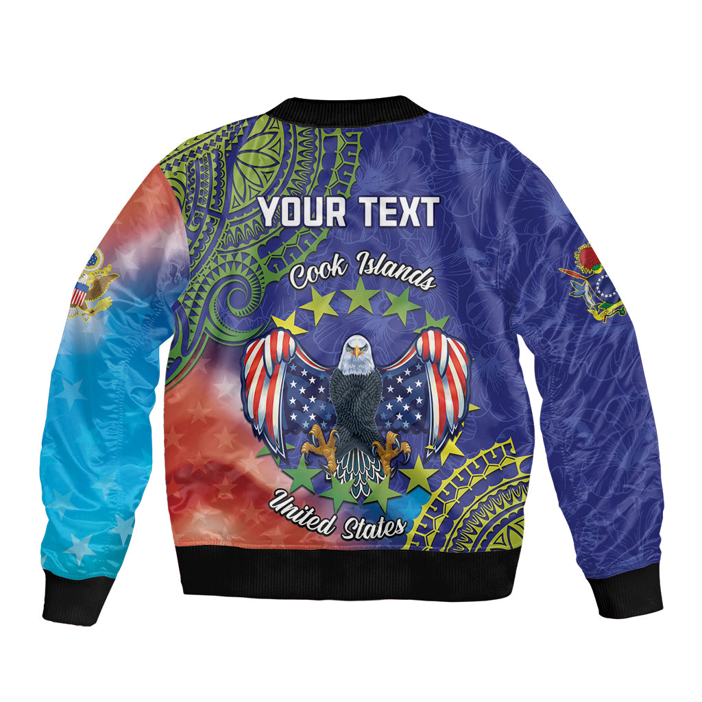 Personalised United States And Cook Islands Sleeve Zip Bomber Jacket USA Eagle Mix Polynesian Pattern