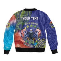 Personalised United States And Cook Islands Sleeve Zip Bomber Jacket USA Eagle Mix Polynesian Pattern
