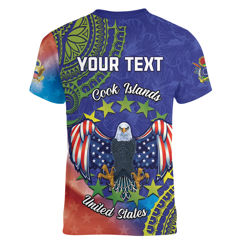 Personalised United States And Cook Islands Women V Neck T Shirt USA Eagle Mix Polynesian Pattern