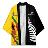Custom New Zealand and Zimbabwe Kimono NZ Fern Zim Flag Half Style LT14 Unisex Black - Polynesian Pride
