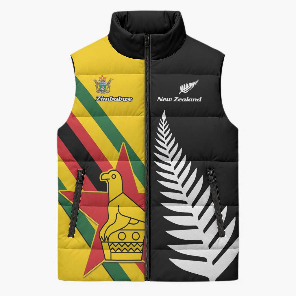 Custom New Zealand and Zimbabwe Sleeveless Puffer Jacket NZ Fern Zim Flag Half Style