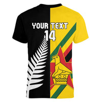 Custom New Zealand and Zimbabwe Women V-Neck T-Shirt NZ Fern Zim Flag Half Style