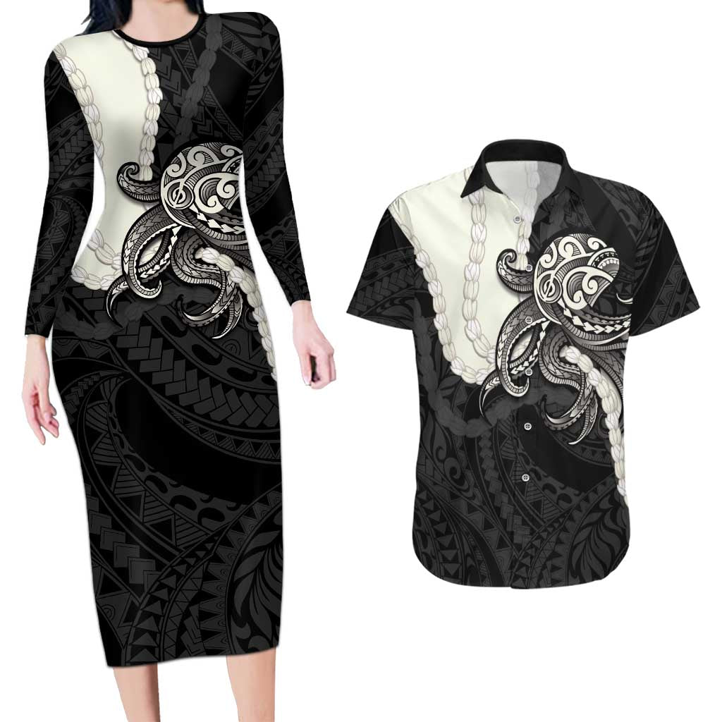 Black Polynesia Tribal Octopus Tattoo Couples Matching Long Sleeve Bodycon Dress and Hawaiian Shirt Pikake Lei Polynesian Pattern LT14 Black - Polynesian Pride
