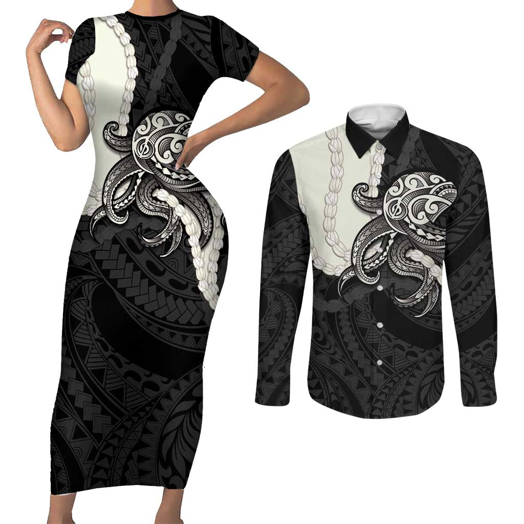 Black Polynesia Tribal Octopus Tattoo Couples Matching Short Sleeve Bodycon Dress and Long Sleeve Button Shirt Pikake Lei Polynesian Pattern LT14 Black - Polynesian Pride