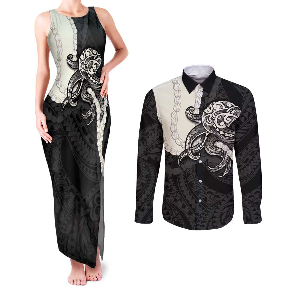 Black Polynesia Tribal Octopus Tattoo Couples Matching Tank Maxi Dress and Long Sleeve Button Shirt Pikake Lei Polynesian Pattern LT14 Black - Polynesian Pride