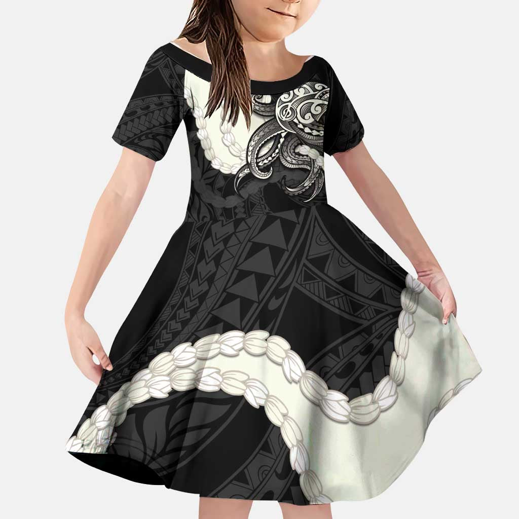 Black Polynesia Tribal Octopus Tattoo Family Matching Puletasi and Hawaiian Shirt Pikake Lei Polynesian Pattern LT14 Daughter's Dress Black - Polynesian Pride