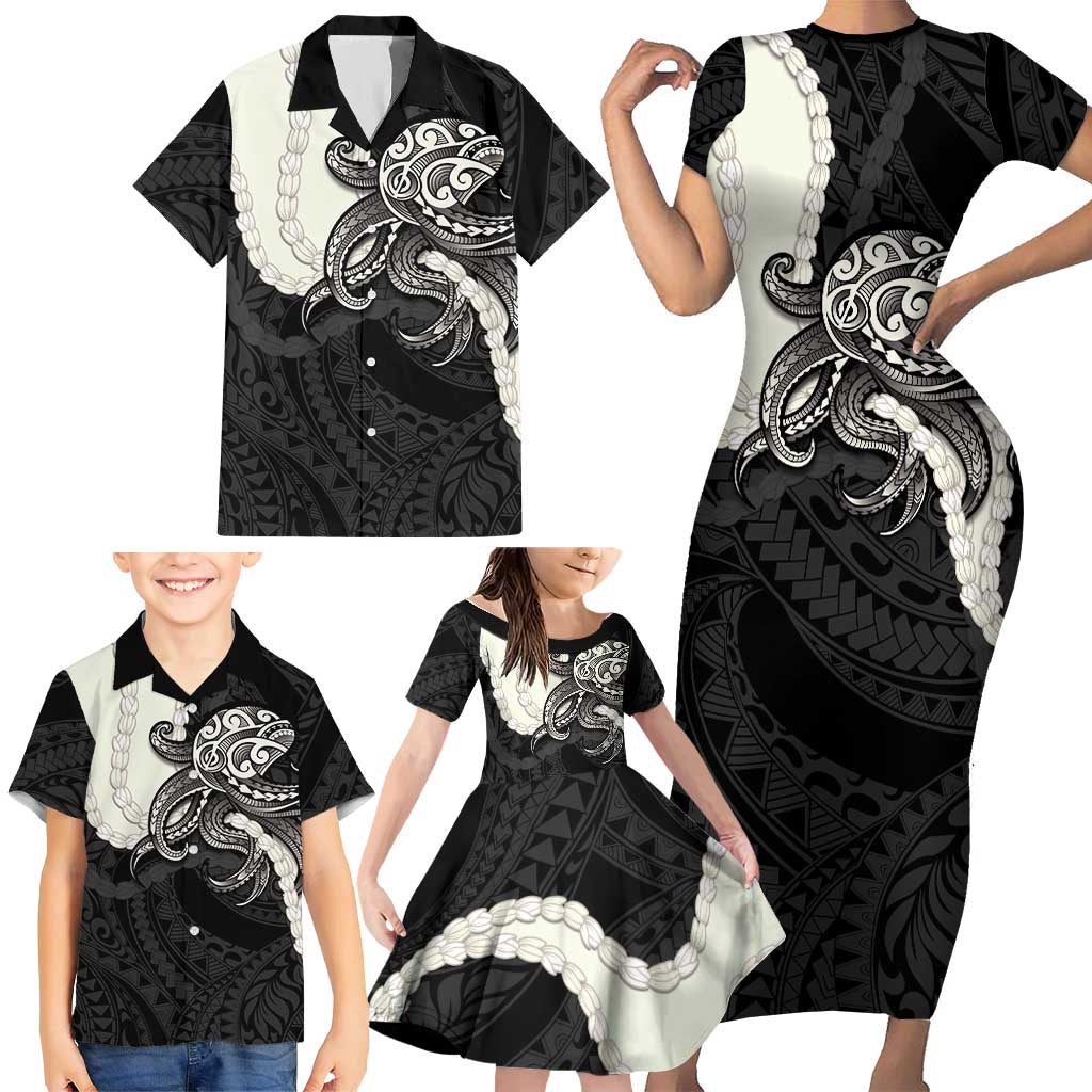 Black Polynesia Tribal Octopus Tattoo Family Matching Short Sleeve Bodycon Dress and Hawaiian Shirt Pikake Lei Polynesian Pattern LT14 - Polynesian Pride