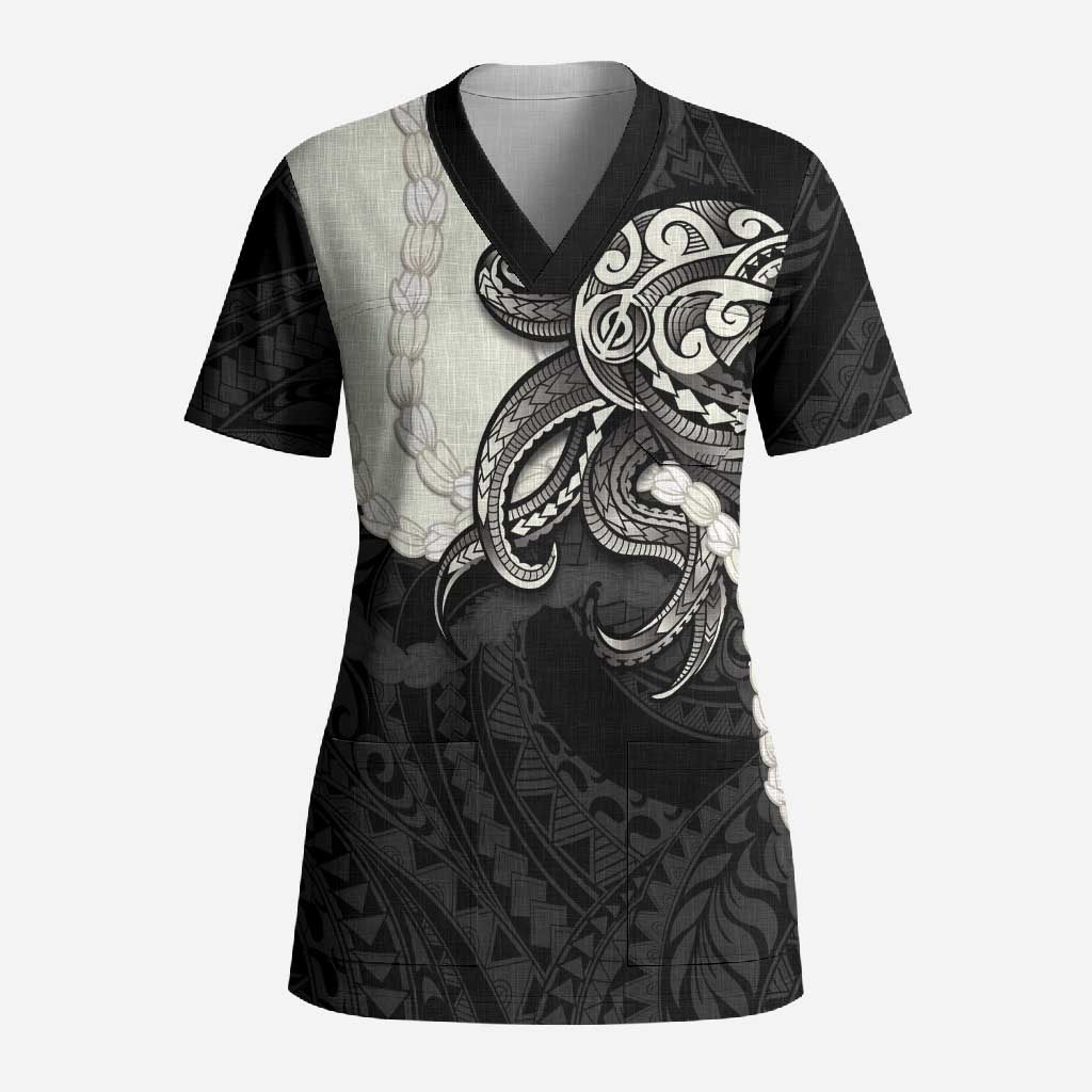 Black Polynesia Tribal Octopus Tattoo Scrub Top Pikake Lei Polynesian Pattern