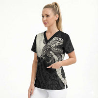 Black Polynesia Tribal Octopus Tattoo Scrub Top Pikake Lei Polynesian Pattern
