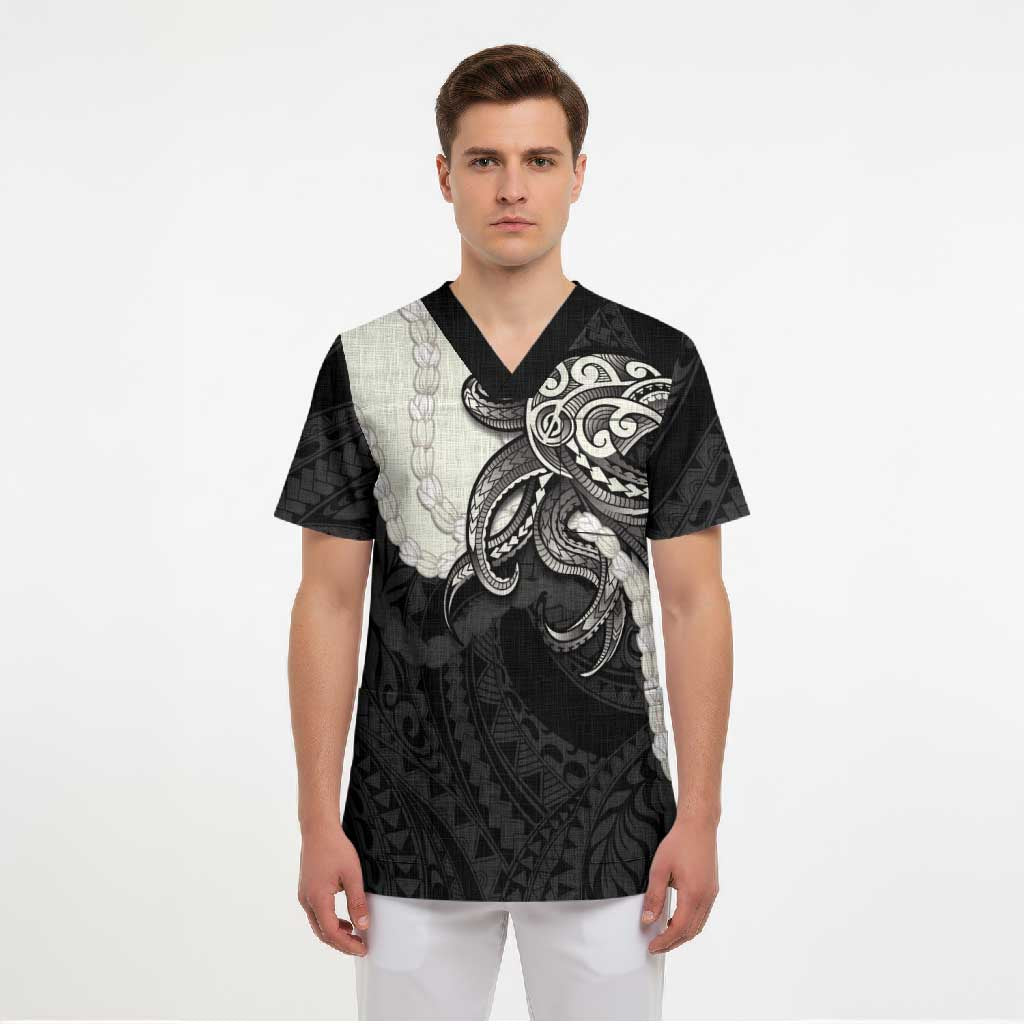 Black Polynesia Tribal Octopus Tattoo Scrub Top Pikake Lei Polynesian Pattern