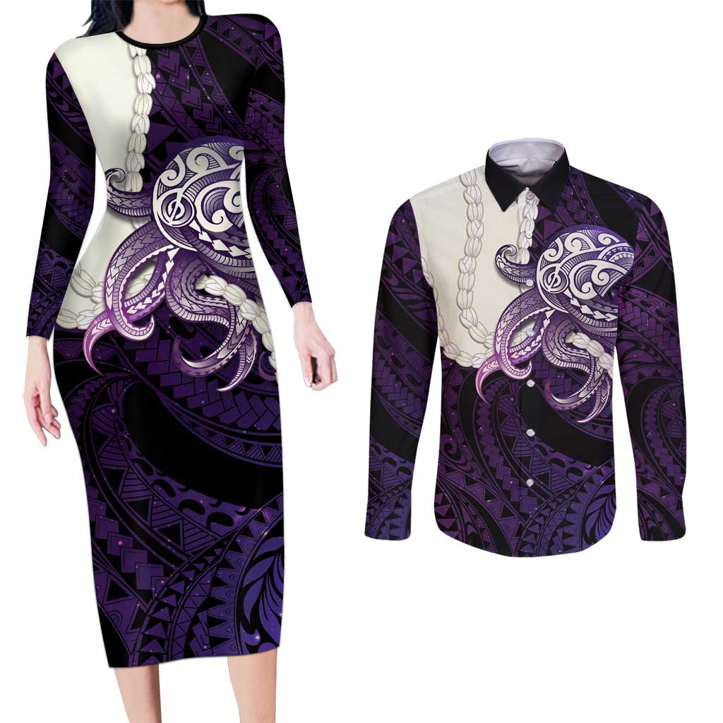 Purple Galaxy Polynesia Tribal Octopus Tattoo Couples Matching Long Sleeve Bodycon Dress and Long Sleeve Button Shirt Pikake Lei Polynesian Pattern