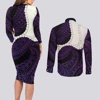 Purple Galaxy Polynesia Tribal Octopus Tattoo Couples Matching Long Sleeve Bodycon Dress and Long Sleeve Button Shirt Pikake Lei Polynesian Pattern