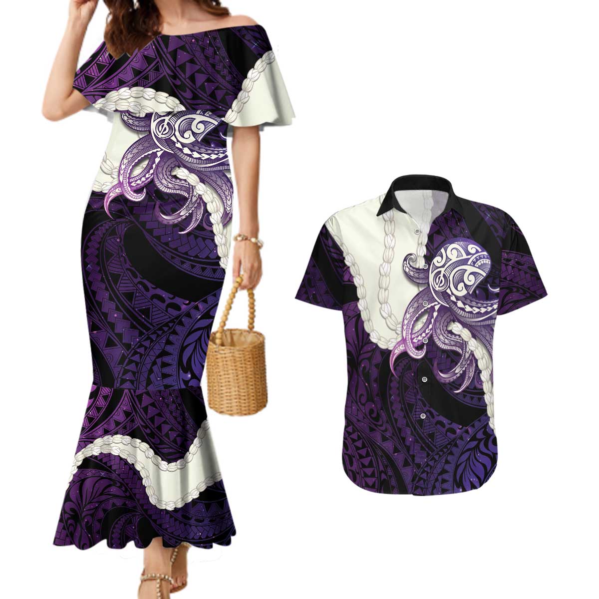 Purple Galaxy Polynesia Tribal Octopus Tattoo Couples Matching Mermaid Dress and Hawaiian Shirt Pikake Lei Polynesian Pattern LT14 Purple - Polynesian Pride