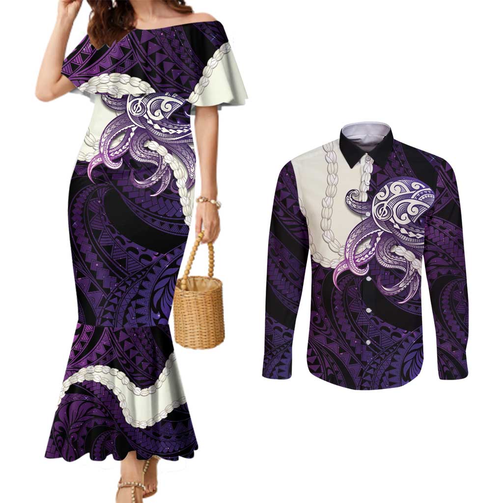 Purple Galaxy Polynesia Tribal Octopus Tattoo Couples Matching Mermaid Dress and Long Sleeve Button Shirt Pikake Lei Polynesian Pattern LT14 Purple - Polynesian Pride
