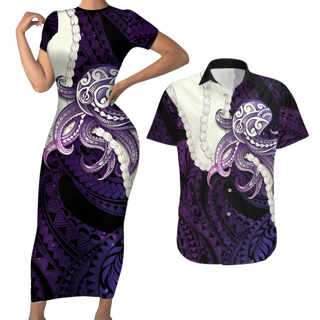 Purple Galaxy Polynesia Tribal Octopus Tattoo Couples Matching Short Sleeve Bodycon Dress and Hawaiian Shirt Pikake Lei Polynesian Pattern LT14 Purple - Polynesian Pride