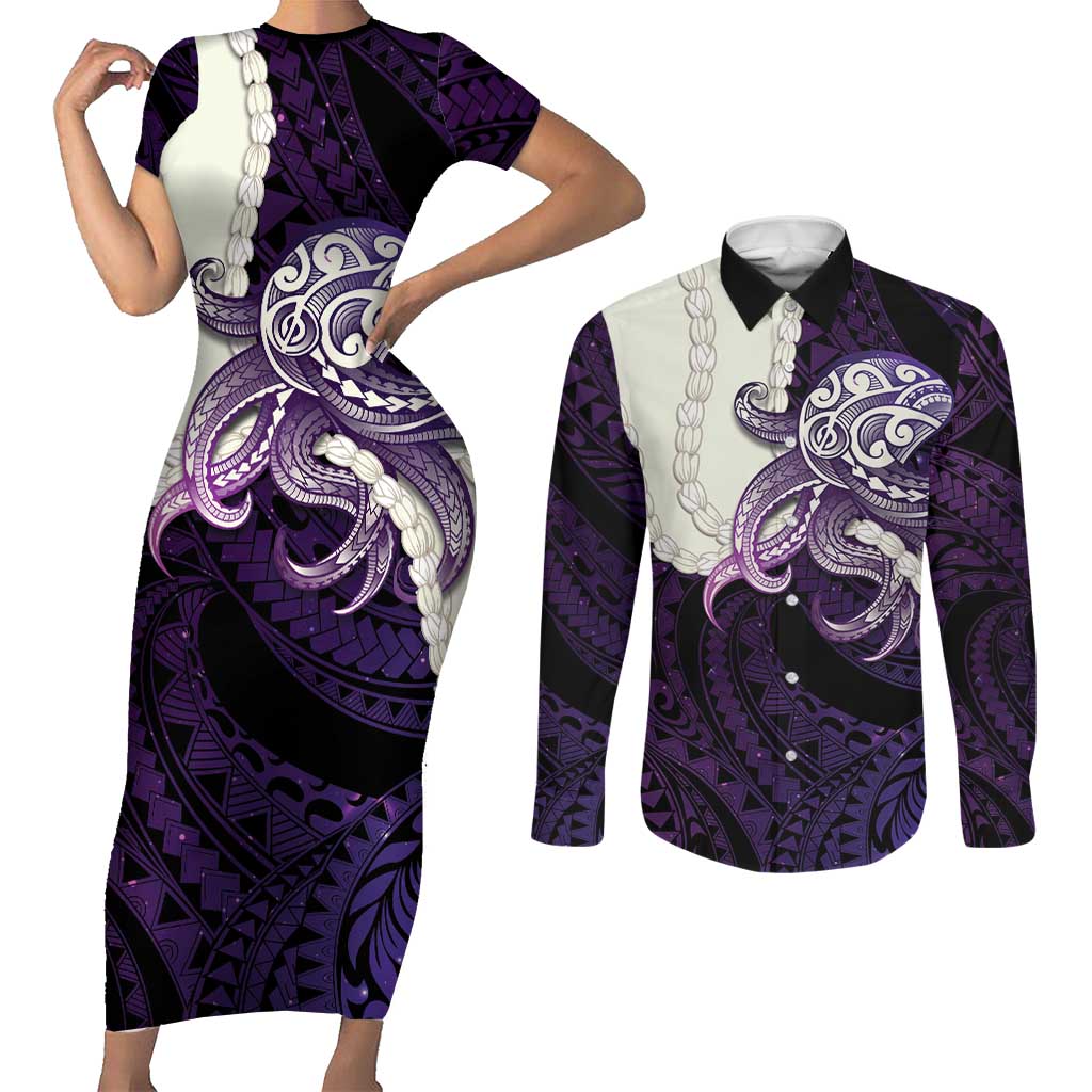 Purple Galaxy Polynesia Tribal Octopus Tattoo Couples Matching Short Sleeve Bodycon Dress and Long Sleeve Button Shirt Pikake Lei Polynesian Pattern