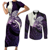 Purple Galaxy Polynesia Tribal Octopus Tattoo Couples Matching Short Sleeve Bodycon Dress and Long Sleeve Button Shirt Pikake Lei Polynesian Pattern